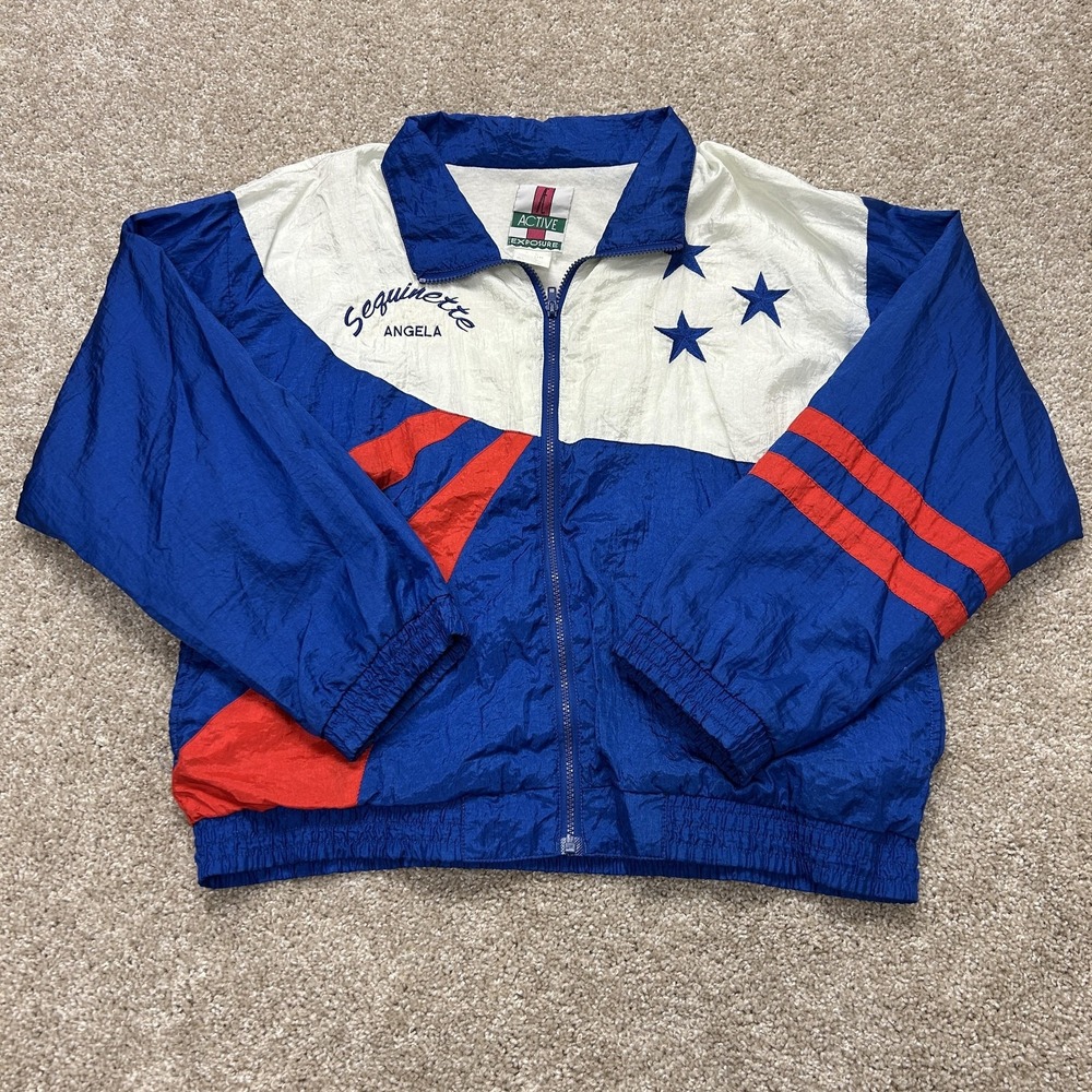Vintage Satin Windbreaker Jacket Womens Large Blue Full Zip Patriotic Stars
